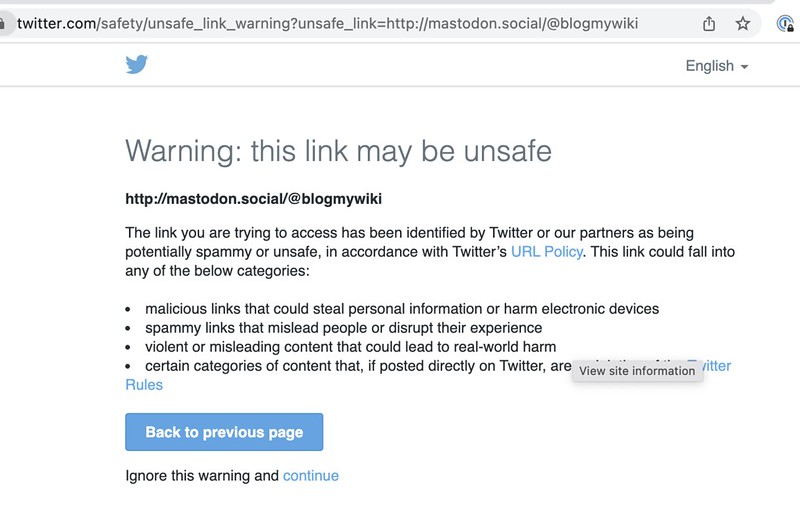 Screenshot showing how an https link to my Mastadon page was changed to http by Twitter, triggering a security alert